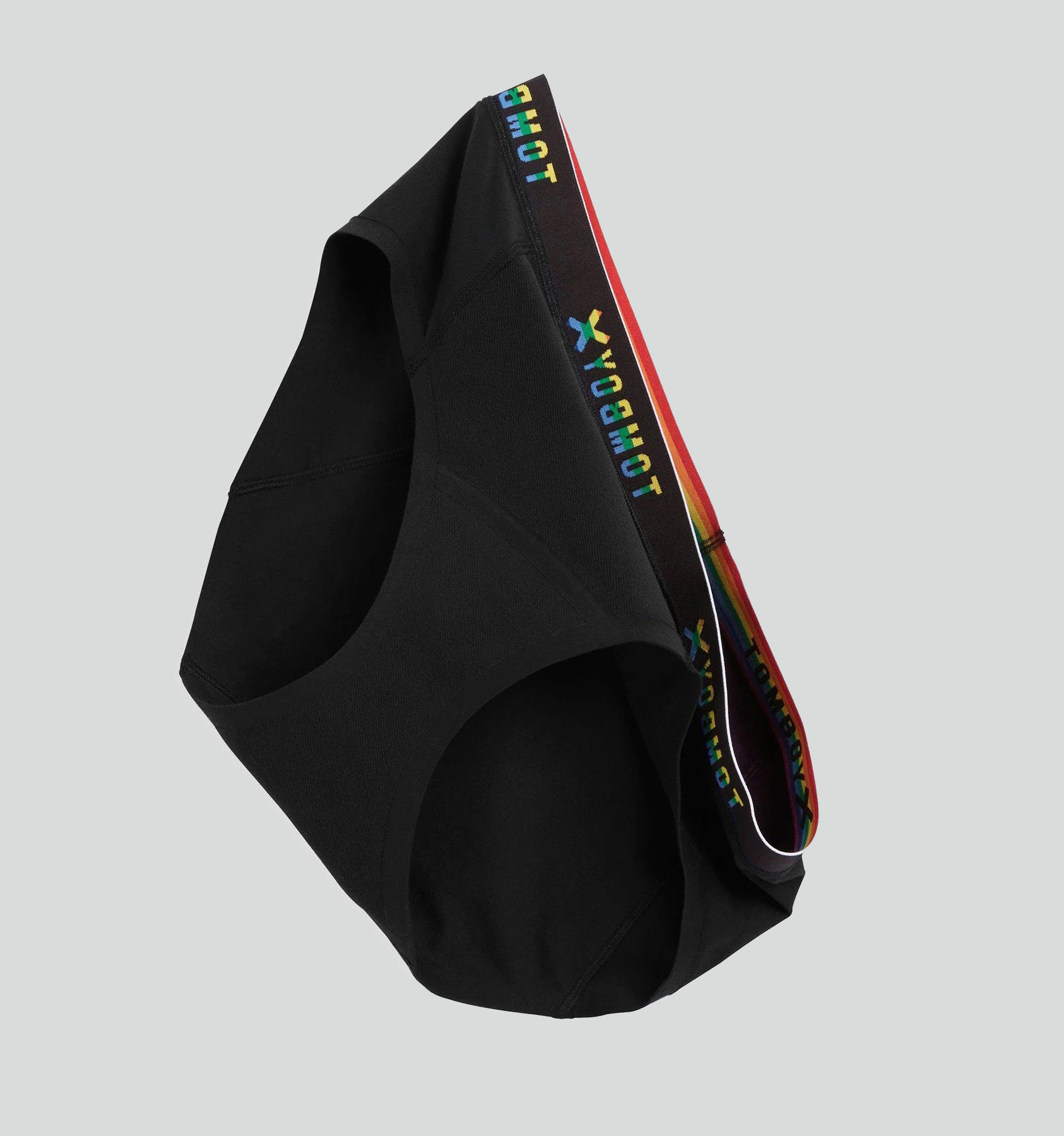 A hanging pair of black TomboyX underwear.